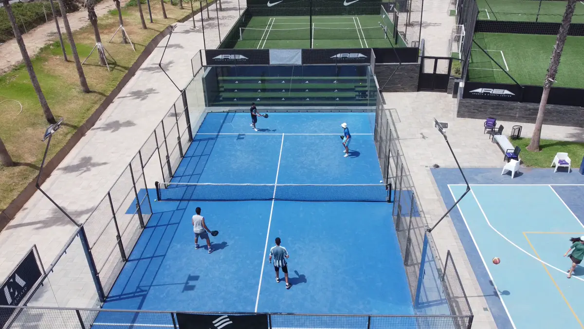 A padel doubles match seen from above